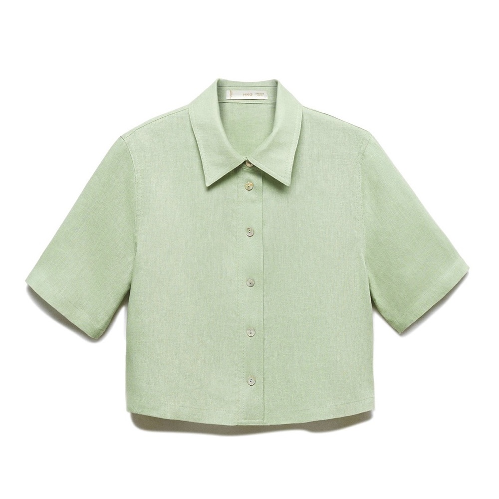 Mango Short Sleeve Linen Button Green Shirt